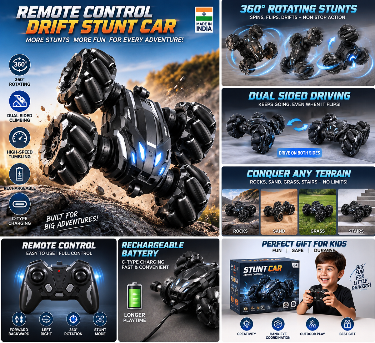 RC Stunt Car 4WD for Kids | 360° Drift & Flip | Rechargeable | Made in India