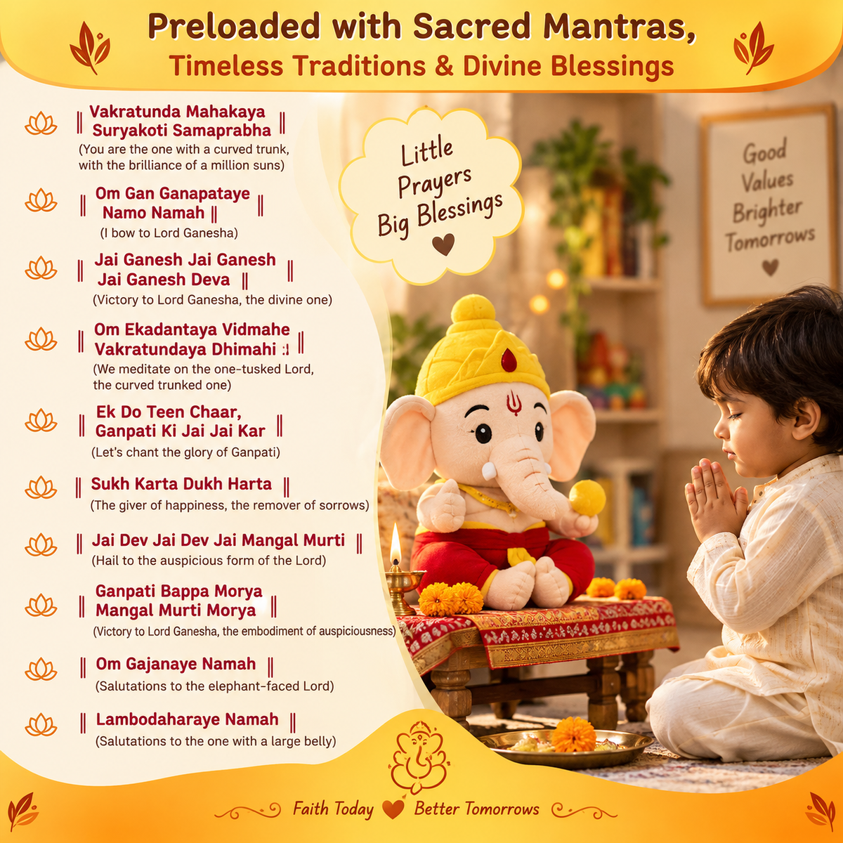 WonderBuddy Divine Mantra Chanting Baby Ganesha with 10 Preloaded Mantras & Aartis, Musical Soft Plush Toy, Best Gift for Infants, Toddlers & Kids