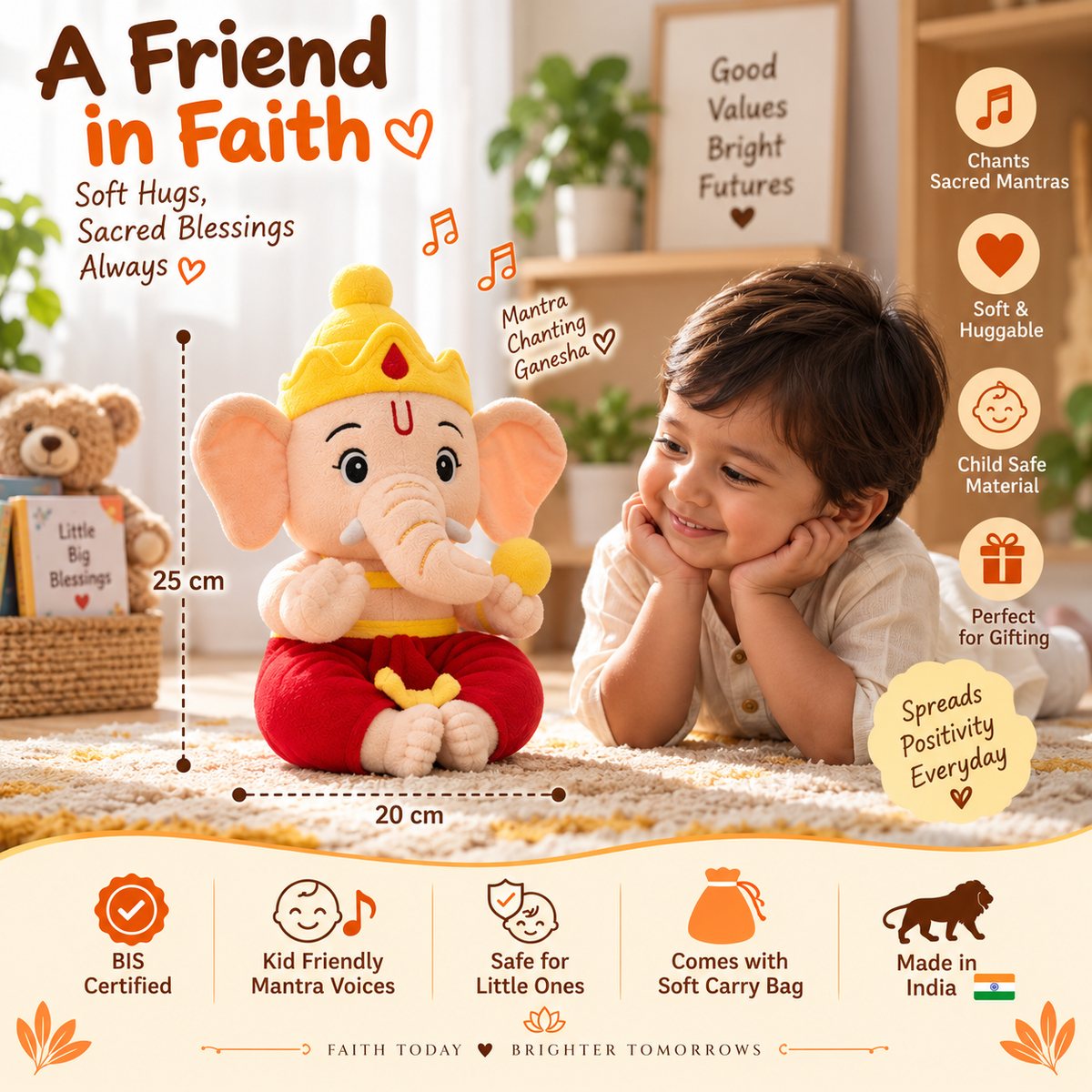 WonderBuddy Divine Mantra Chanting Baby Ganesha with 10 Preloaded Mantras & Aartis, Musical Soft Plush Toy, Best Gift for Infants, Toddlers & Kids