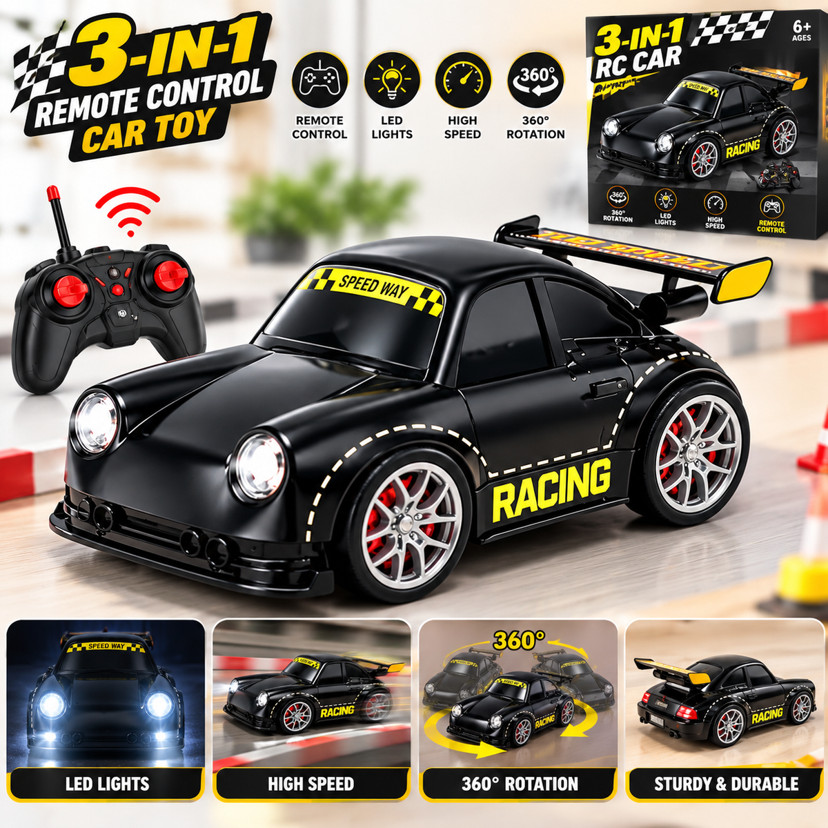 Black racing-style remote control car with controller on white background