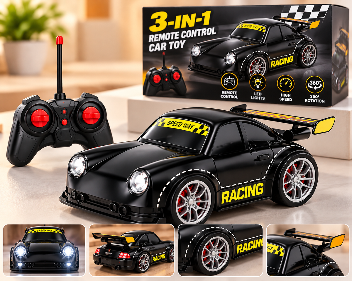 Remote control car with packaging and illustrated feature panels