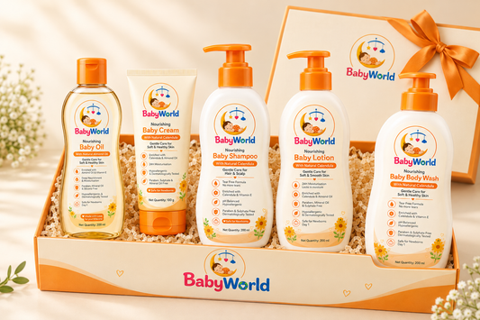 BabyWorld branded skincare gift box with baby oil, cream, gentle wash, shampoo and daily lotion
