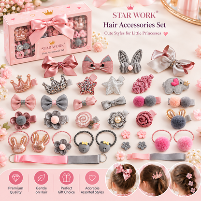 STAR WORK hair accessories set arranged with bows, clips and hair ties