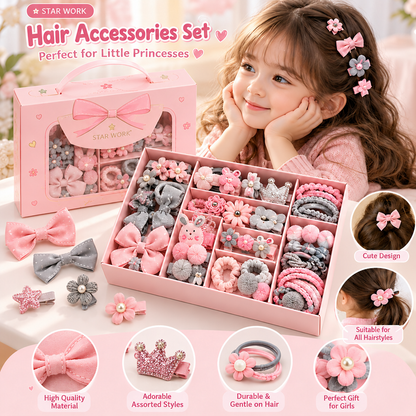 STAR WORK pink and grey hair accessories set in a pink gift box