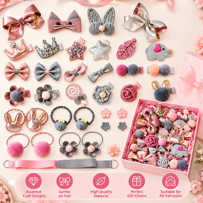 Assorted STAR WORK pink and grey hair bows, clips and ties