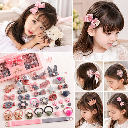Children modelling STAR WORK pink hair accessories with the set displayed